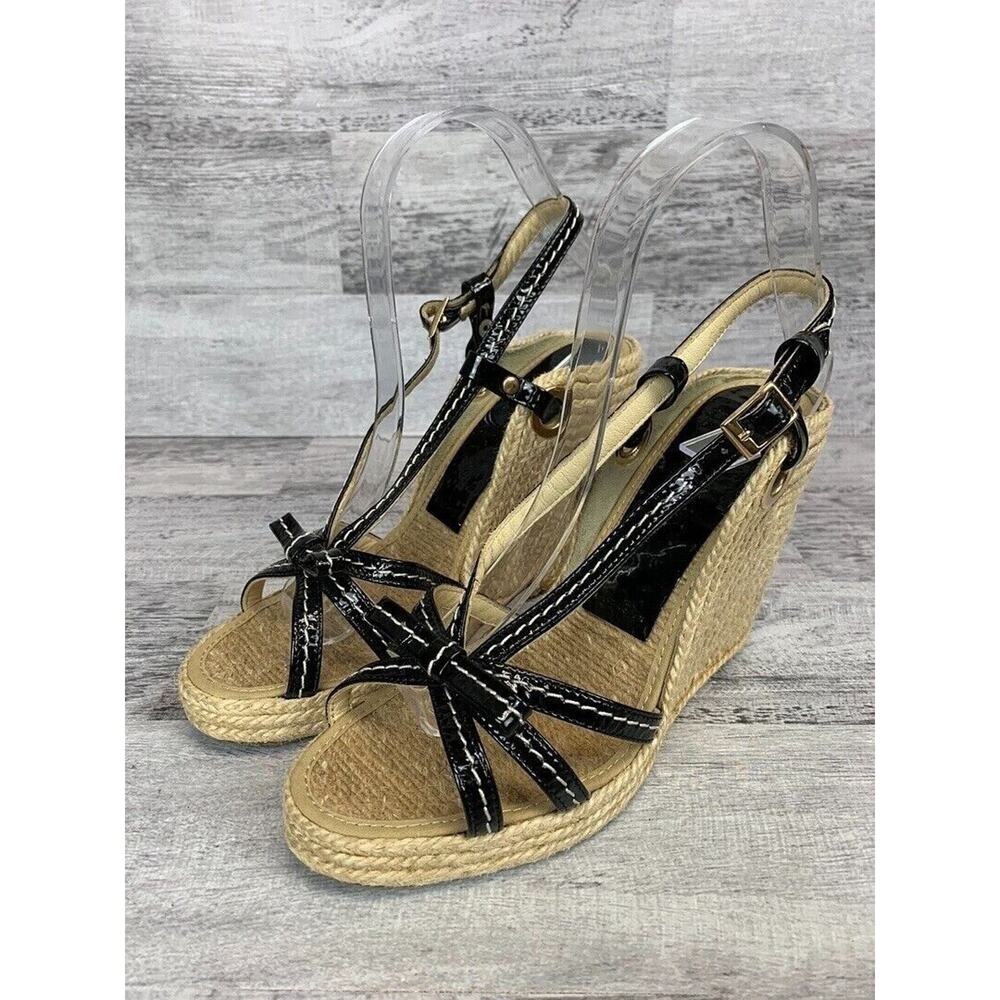Midas Womens Size 6M Black Patent Leather Strap Espadrille Wedge Sandals